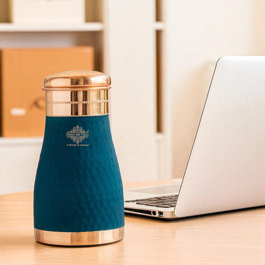 Pure Copper Hammered  Silk Finish Bedroom Bottle with Inbuilt Glass