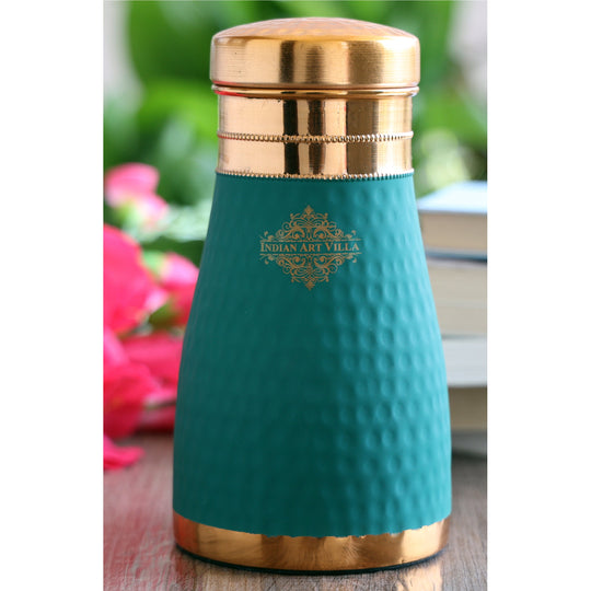 Eco-Friendly 600ml Green Silk Finish Copper bedroom  Bottle with Hammered Body and Inner Glass from Indian Art Villa