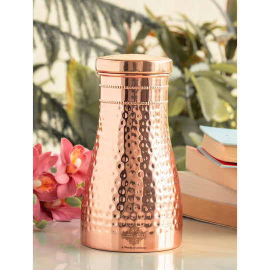 Pure copper bedroom water bottle with inbuilt glass side view — Indian Art Villa