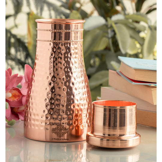Indian Art Villa Elegant Copper Water Bottle – 600ml Capacity, Shine Finish, and Inbuilt Glass for Bedroom Use