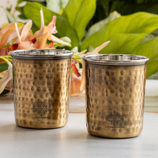 Pure Brass Steel Hammered & Dark Hammered Design Glass Tumbler
