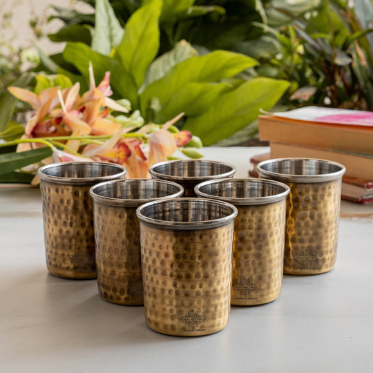 Pure Brass Steel Hammered & Dark Hammered Design Glass Tumbler