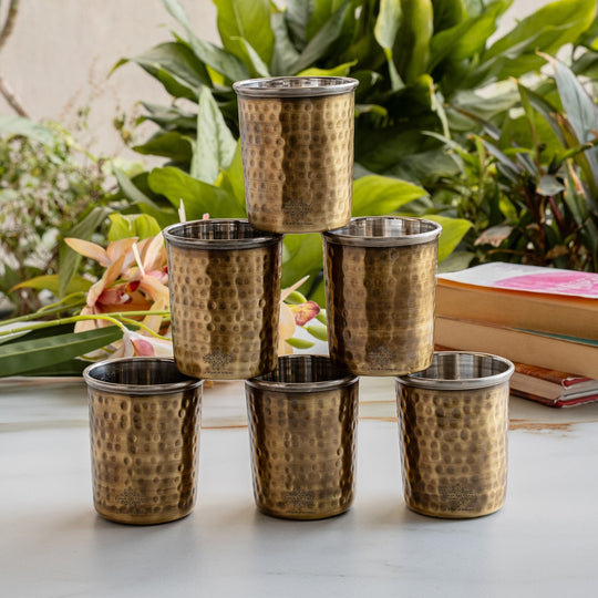 Pure Brass Steel Hammered & Dark Hammered Design Glass Tumbler