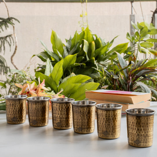 Pure Brass Steel Hammered & Dark Hammered Design Glass Tumbler