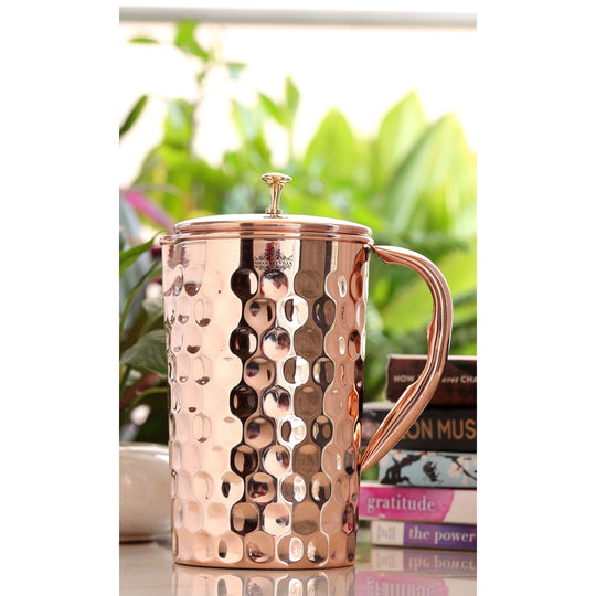 Full Diamond Hammered Copper Jug 1000ML Pitcher with Lid Brass Knob Handcrafted by Indian Art Villa