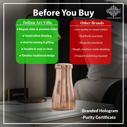 Pure Copper Bedroom Bottle With Inbuilt Glass - Embossed Design