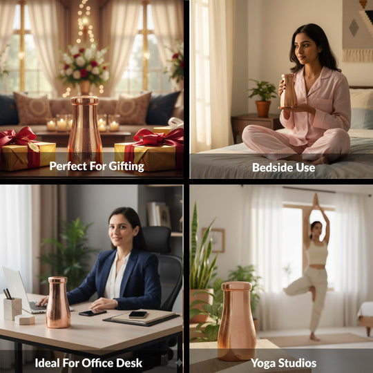 Pure Copper Bedroom Bottle With Inbuilt Glass - Embossed Design