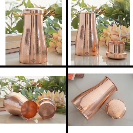 Pure Copper Bedroom Bottle With Inbuilt Glass - Embossed Design
