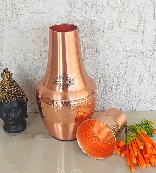 Pure Copper Bedroom Bottle- Hammered Silk Finish Design Surahi Shape