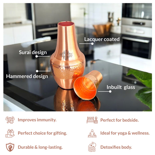 Pure Copper Bedroom Bottle- Hammered Silk Finish Design Surahi Shape