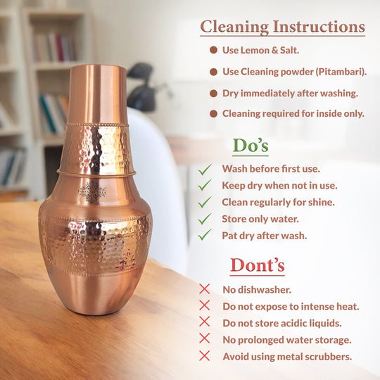 Pure Copper Bedroom Bottle- Hammered Silk Finish Design Surahi Shape