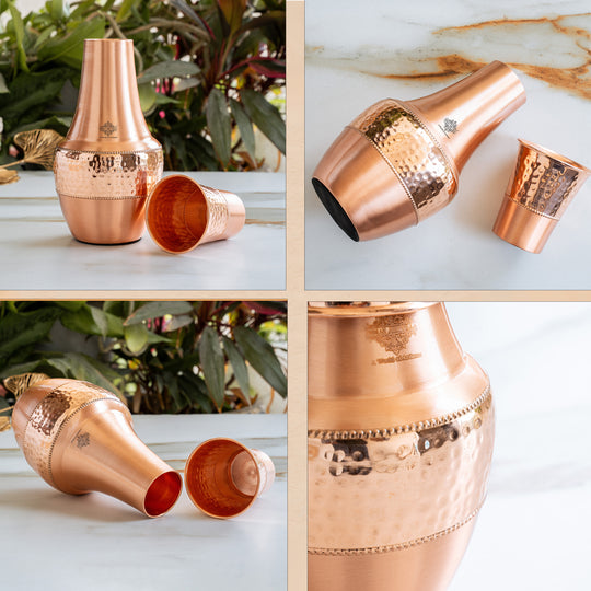 Pure copper bedside bottle showcasing a distinctive curved Surahi form