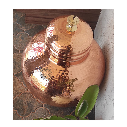 Pure Copper Hammered Design Matka/Pot with Lid & Brass Knob On Top