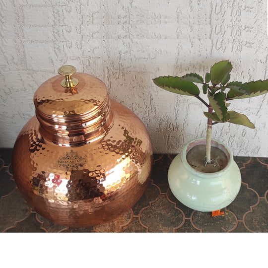 Pure Copper Hammered Design Matka/Pot with Lid & Brass Knob On Top