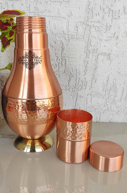 Copper Surahi Bedroom Bottle With Inbuilt Glass & Lid- Lacquer Coating