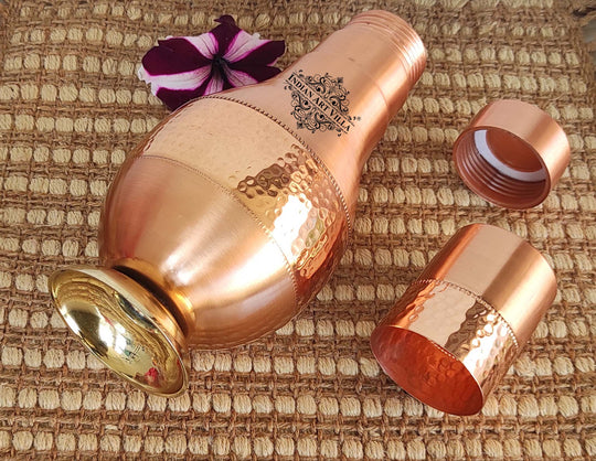 Copper Surahi Bedroom Bottle With Inbuilt Glass & Lid- Lacquer Coating