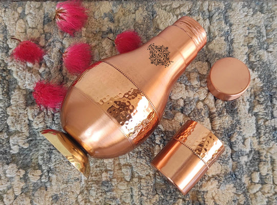 Copper Surahi Bedroom Bottle With Inbuilt Glass & Lid- Lacquer Coating