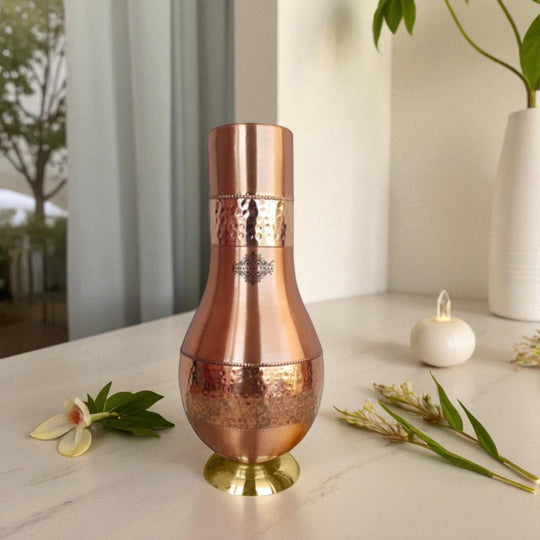 Copper Surahi Bedroom Bottle With Inbuilt Glass & Lid- Lacquer Coating