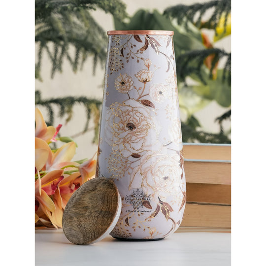 Pure Copper Bottle 1500ml Indian Art Villa with Golden Print and Wood Lid for Healthy Hydration