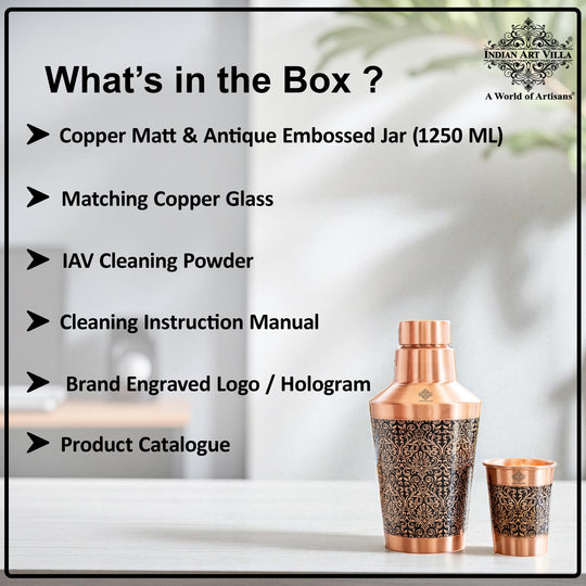 Pure Copper Bedroom Bottle with Glass & Leak-Proof Cap, 1250 ML