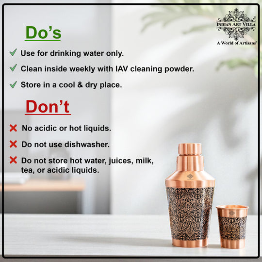 Pure Copper Bedroom Bottle with Glass & Leak-Proof Cap, 1250 ML