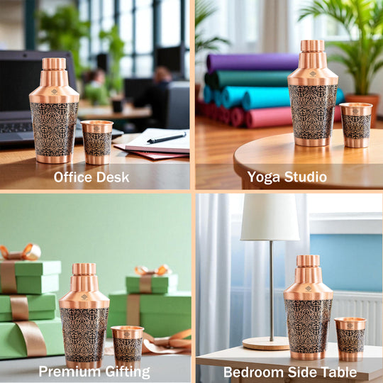 Pure Copper Bedroom Bottle with Glass & Leak-Proof Cap, 1250 ML