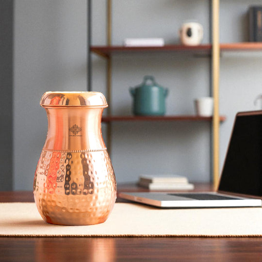 Pure Copper Bedroom Water Bottle with Inbuilt Glass-750 ML