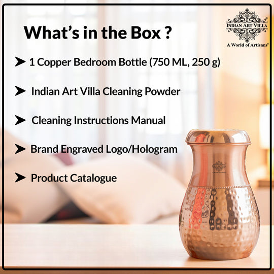 Pure Copper Bedroom Water Bottle with Inbuilt Glass-750 ML