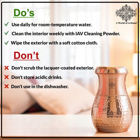 Pure Copper Bedroom Water Bottle with Inbuilt Glass-750 ML