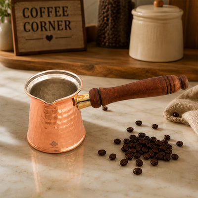 Pure Copper With Tin Lining Inside Turkish Kettle Mug with Wooden Handle & Hammered Design