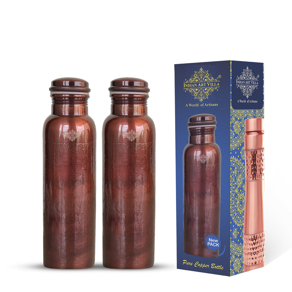 Indian Art Villa  Antique Design Copper Bottle, Storage Water & Travelling Purpose, Gift Item , 1000 ML Set Of 2
