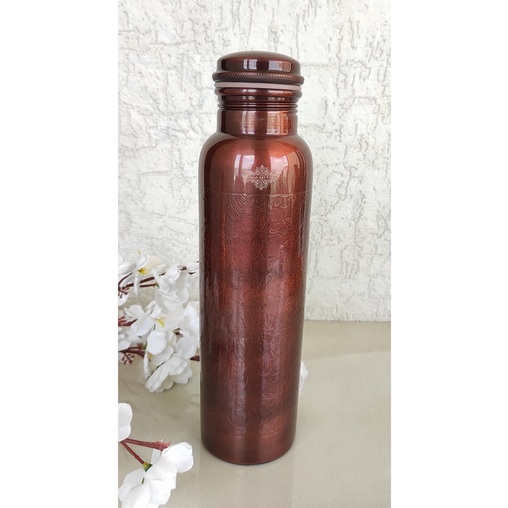 Indian Art Villa Pure Copper Water Bottle, Antique Finish, Leak Proof, Brown
