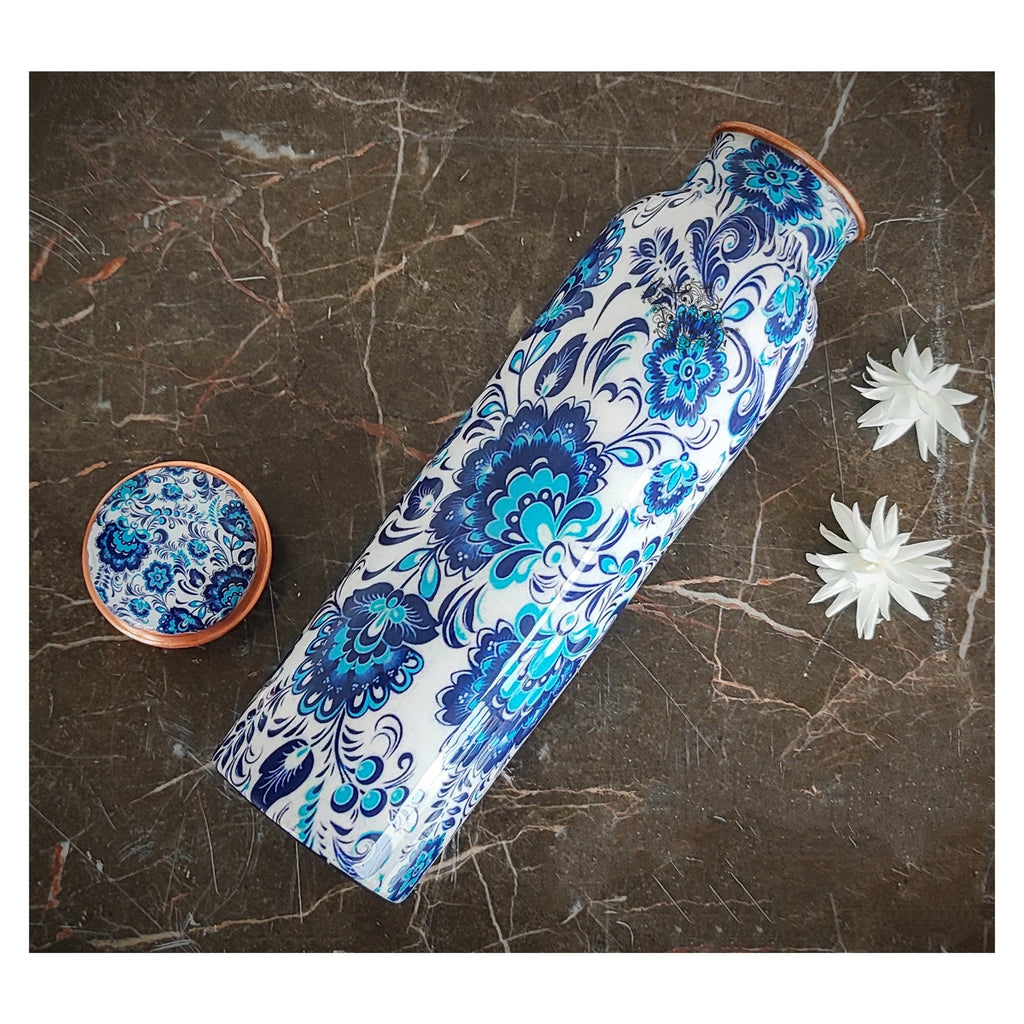 Indian Art Villa Pure Flower Design Copper Bottle Storage Water Travelling Purpose Gift Item 1000 ML Blue White
