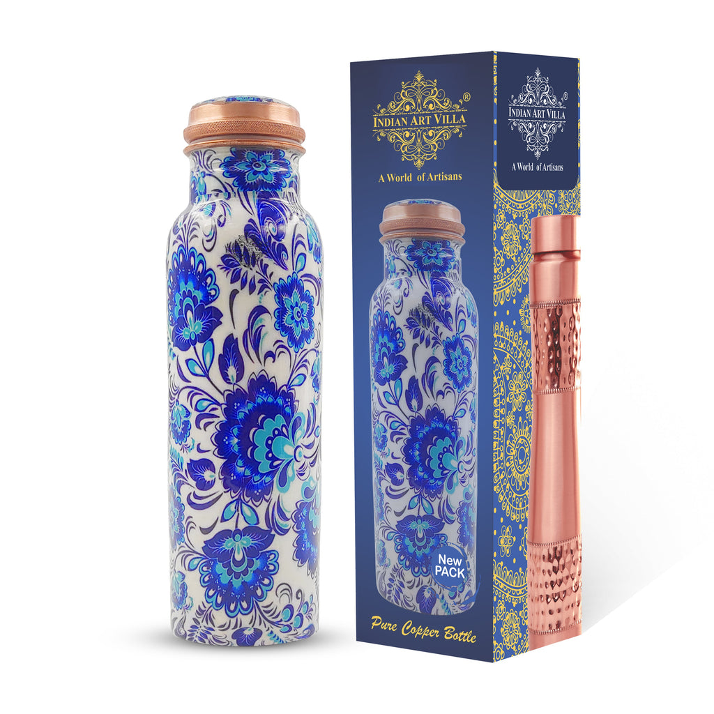 Indian Art Villa Pure Flower Design Copper Bottle Storage Water Travelling Purpose Gift Item 1000 ML Blue White