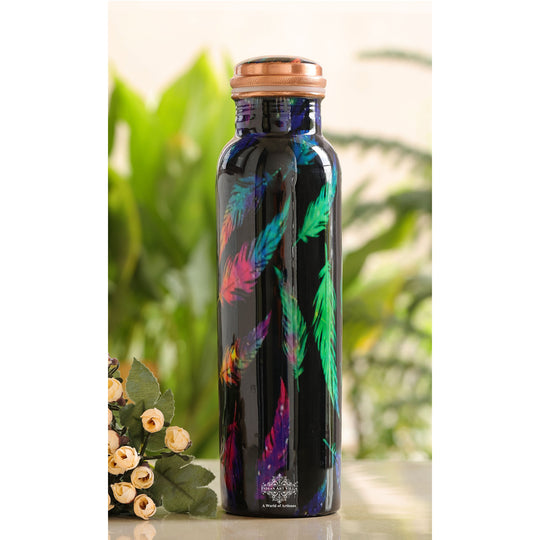 Feather-inspired multicolor design on 900ML copper bottle, handcrafted by Indian Art Villa