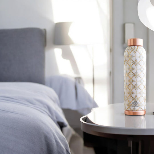 Pure Copper Water Bottle with Different Gold Print Designs, 900 ML