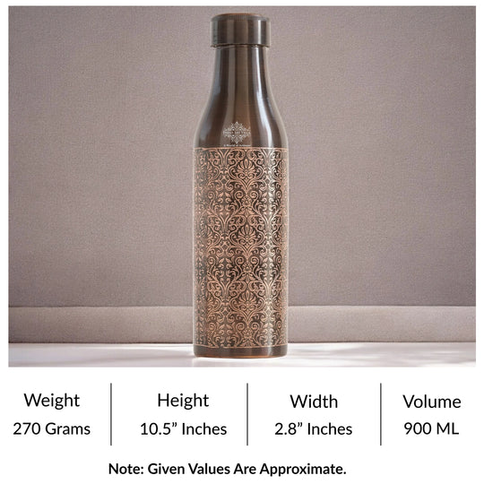 Pure Copper Bottle with Antique Dark Embossed Design, 900ml
