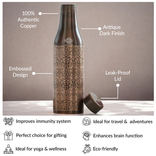 Pure Copper Bottle with Antique Dark Embossed Design, 900ml