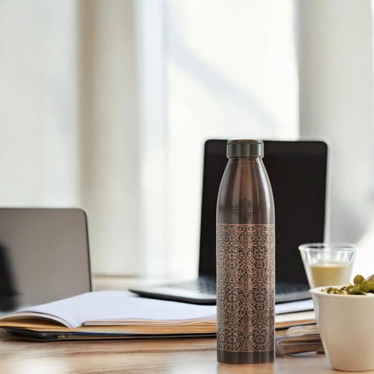 Pure Copper Bottle with Antique Dark Embossed Design, 900ml