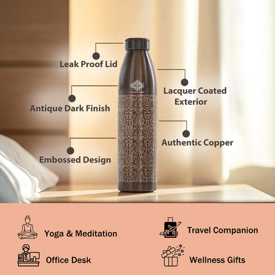 Pure Copper Bottle with Antique Dark Embossed Design, 900ml