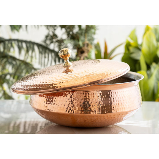 Indian Art Villa copper handi offers tin lining inside and classic lid for slow cooking and authentic presentation