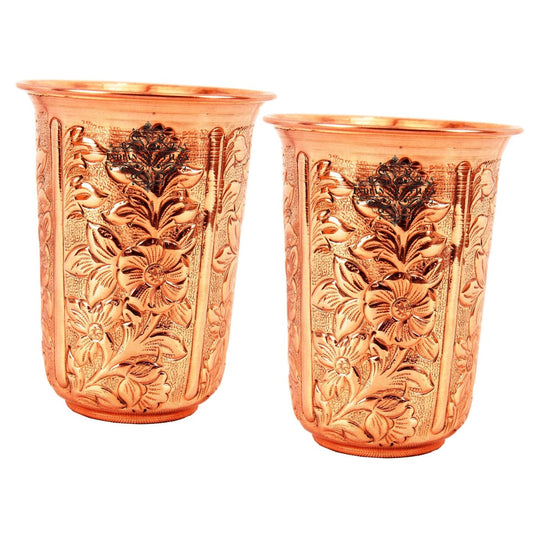 Pure Copper Hammered | Flower Design Glass 300ml