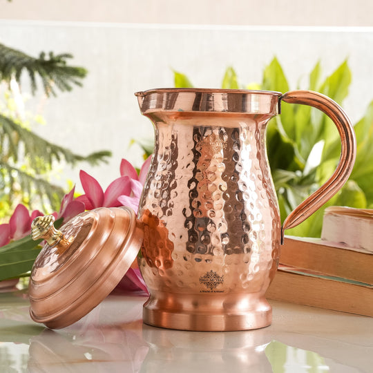 Pure Copper Hammered Maharaja Style Jug With Brass Knob on Lid-1350 ML