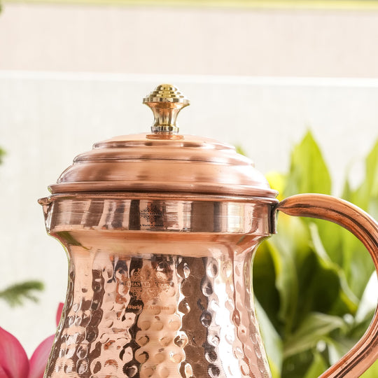 Pure Copper Hammered Maharaja Style Jug With Brass Knob on Lid-1350 ML