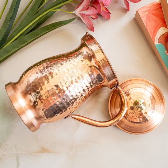 Pure Copper Hammered Maharaja Style Jug With Brass Knob on Lid-1350 ML