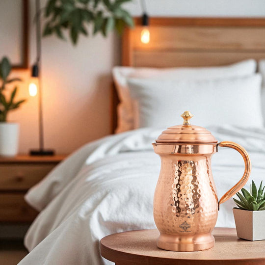 Pure Copper Hammered Maharaja Style Jug With Brass Knob on Lid-1350 ML