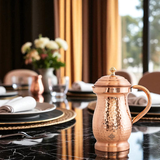 Pure Copper Hammered Maharaja Style Jug With Brass Knob on Lid-1350 ML