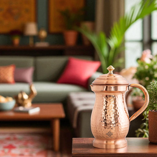 Pure Copper Hammered Maharaja Style Jug With Brass Knob on Lid-1350 ML