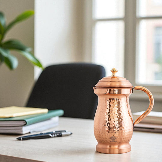 Pure Copper Hammered Maharaja Style Jug With Brass Knob on Lid-1350 ML