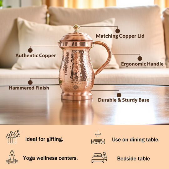 Pure Copper Hammered Maharaja Style Jug With Brass Knob on Lid-1350 ML